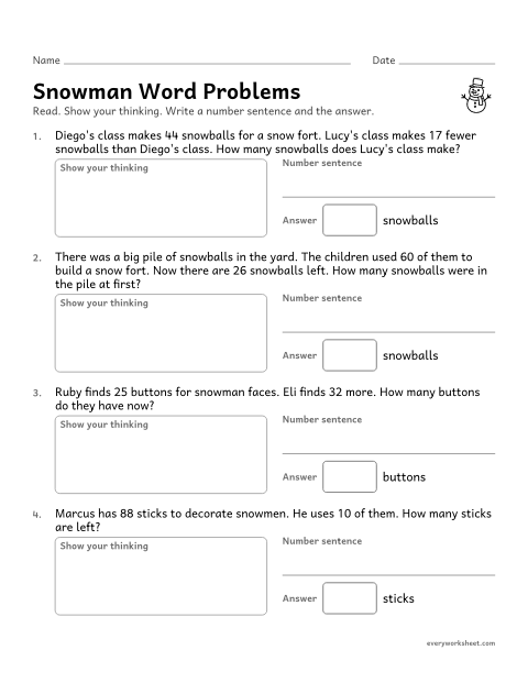 Preview of the printable “Snowman word problems” worksheet: solving snowman word problems with the unknown in all positions