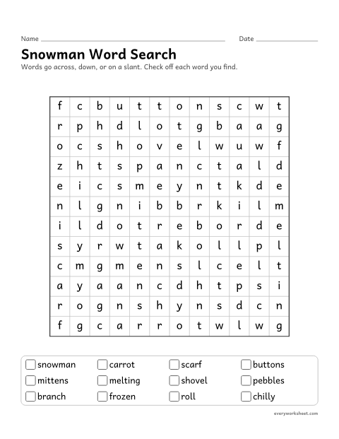 Preview of the printable “Snowman word search” worksheet: reading and finding snowman words in a letter grid