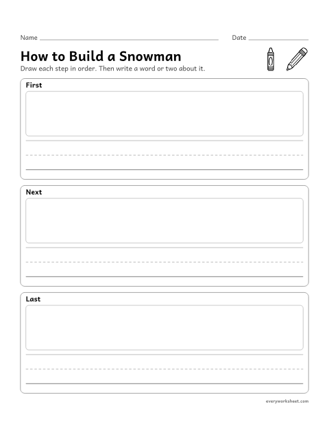 Preview of the printable “How to build a Snowman: kindergarten writing” worksheet: drawing and writing the steps of a how-to in order