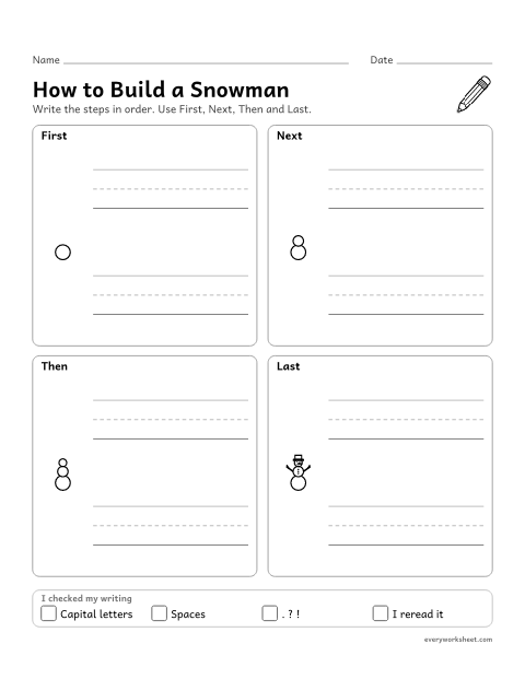 Preview of the printable “How to build a Snowman: How-To writing for 1st grade” worksheet: writing a how-to with steps in order and time-order words