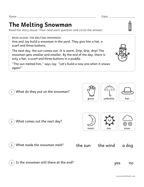 Preview of the printable “The melting Snowman: Read-Aloud” worksheet: listening to a story and telling what happened and why