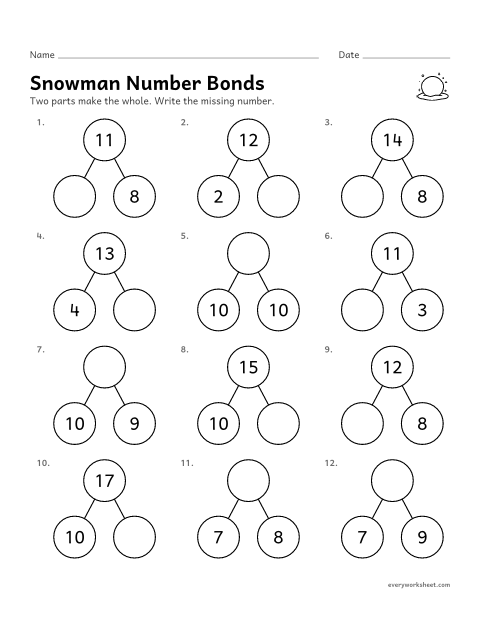 Preview of the printable “Snowman number bonds” worksheet: finding a missing part or whole within 20