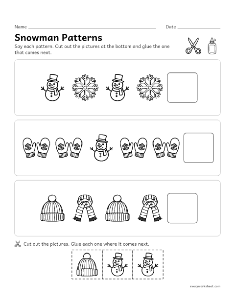 Preview of the printable “Snowman patterns cut and paste” worksheet: finishing AB and AAB picture patterns