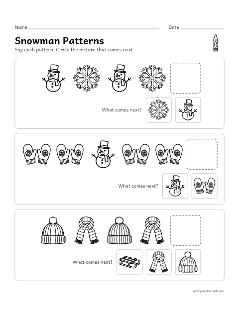 Preview of the printable “Snowman Patterns: circle what comes next” worksheet: finishing AB and AAB picture patterns