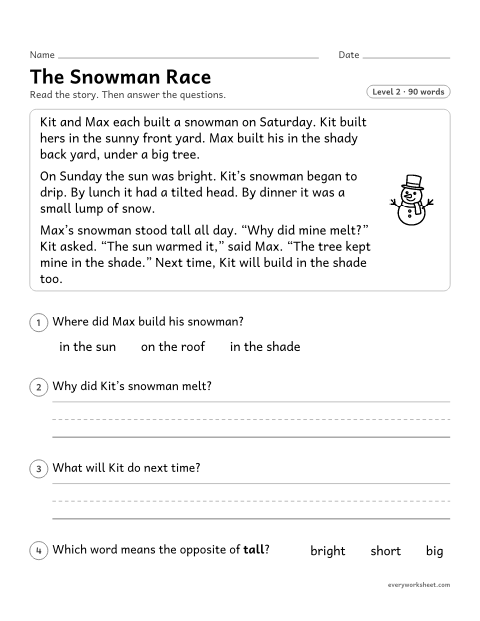 Preview of the printable “The snowman Race: reading passage” worksheet: reading a short story and telling cause and effect