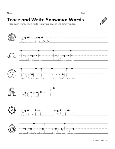 Preview of the printable “Snowman word tracing for kindergarten” worksheet: tracing and writing short words