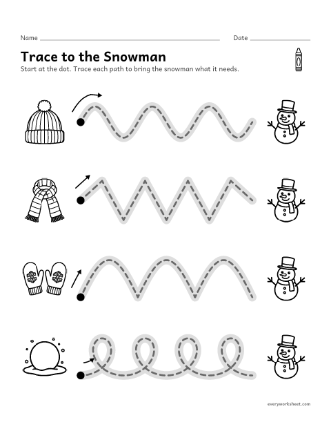 Preview of the printable “Snowman trace the path” worksheet: tracing wavy, zigzag and looped paths