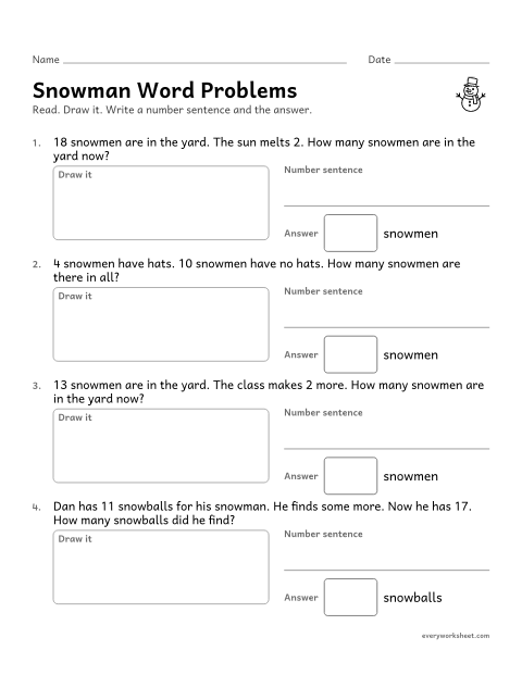 Preview of the printable “Snowman word problems” worksheet: solving snowman word problems with the result or the change unknown