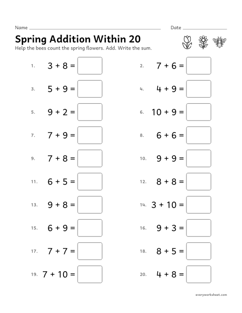 Preview of the printable “Spring addition within 20” worksheet: adding within 20