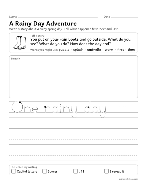 Preview of the printable “A rainy day adventure writing prompt” worksheet: writing a short spring story with events in order and an ending