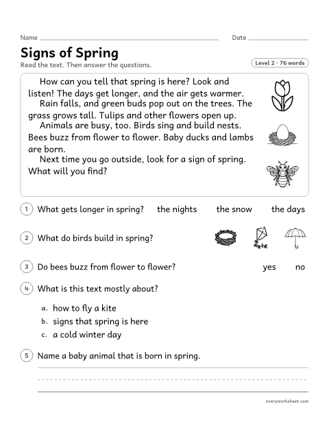 Preview of the printable “Signs of spring reading passage” worksheet: reading a short nonfiction text about spring and answering questions about key details and the main topic