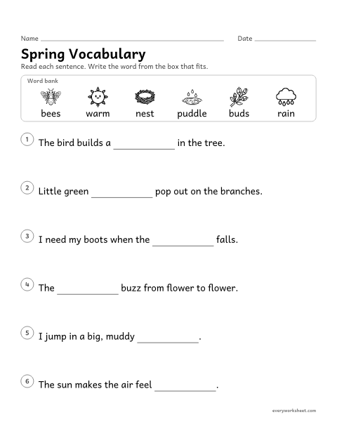 Preview of the printable “Spring vocabulary” worksheet: using spring words to complete sentences