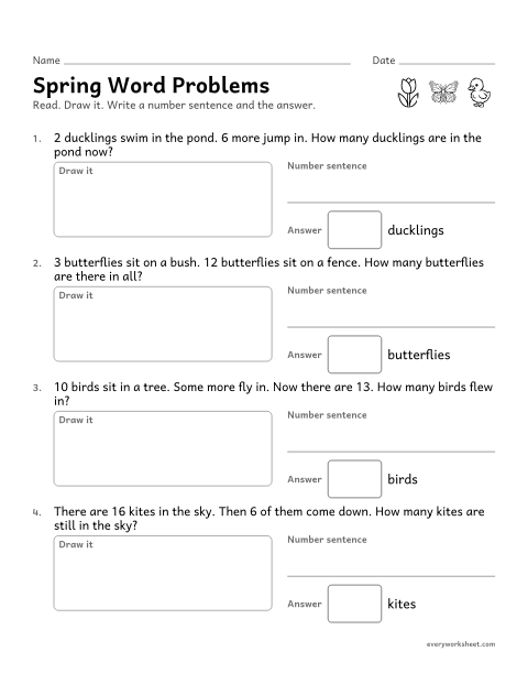Preview of the printable “Spring word problems” worksheet: solving spring word problems within 20
