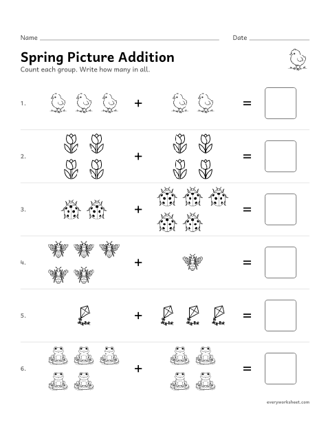 Preview of the printable “Spring picture addition within 10” worksheet: adding two groups of pictures within 10