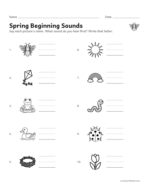 Preview of the printable “Spring beginning sounds” worksheet: hearing the first sound in a word and writing its letter