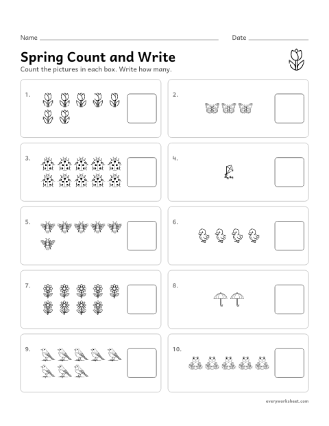 Preview of the printable “Spring count and write 1–10” worksheet: counting up to 10 pictures and writing the number