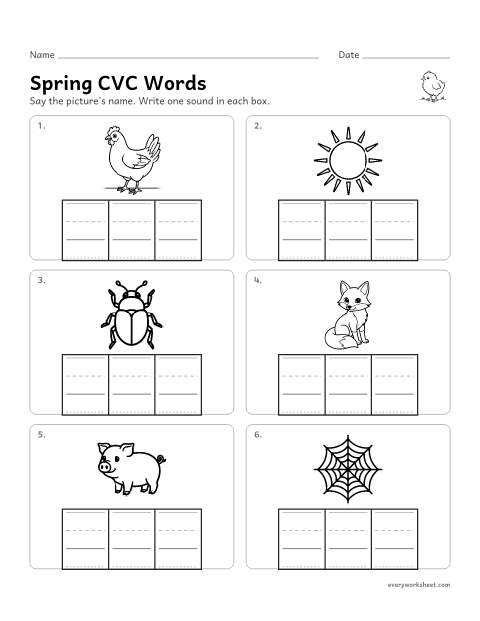 Preview of the printable “Spring CVC Words: write the word” worksheet: spelling CVC words one sound at a time