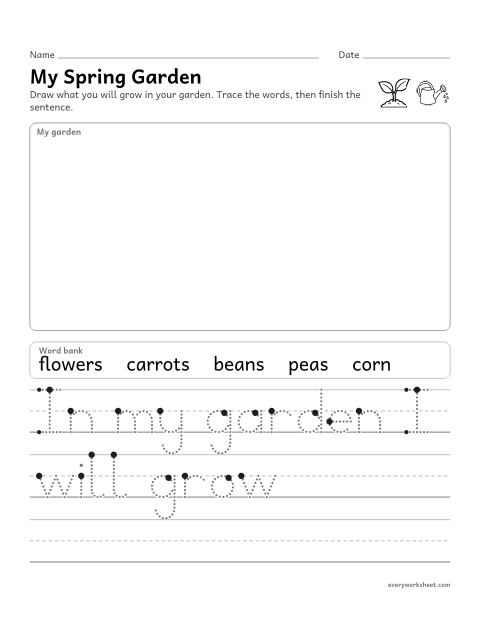 Preview of the printable “My spring garden writing prompt” worksheet: drawing and writing about a garden