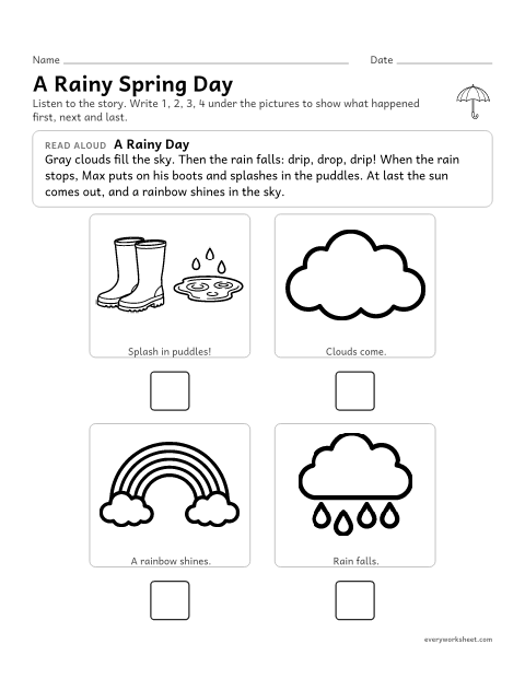 Preview of the printable “Rainy day story sequencing” worksheet: putting the events of a short story in order