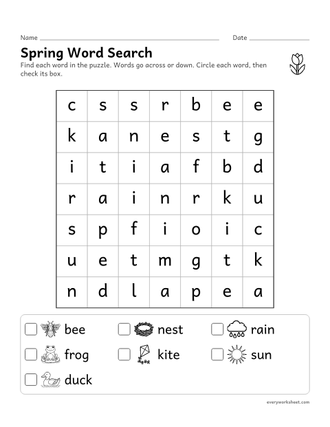 Preview of the printable “Spring word search for kindergarten” worksheet: finding words by their letters