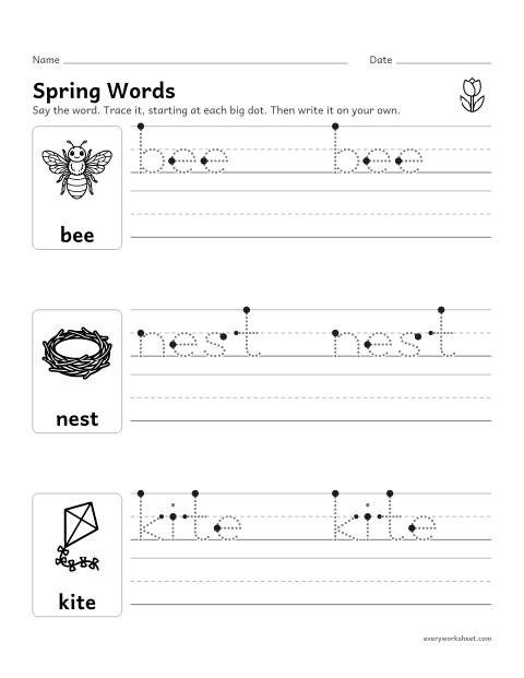 Preview of the printable “Spring words Tracing: Bee, Nest, kite” worksheet: tracing and writing bee, nest and kite