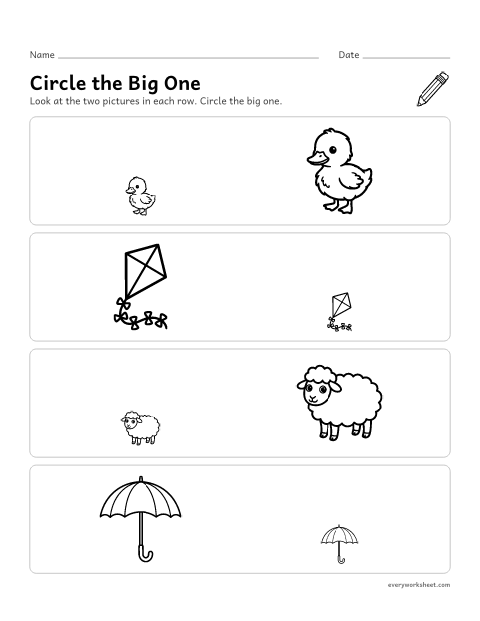 Preview of the printable “Spring big and small” worksheet: comparing two pictures and finding the bigger one