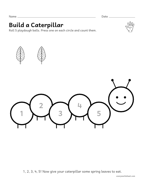 Preview of the printable “Spring caterpillar playdough mat” worksheet: rolling and pressing playdough balls and counting to 5