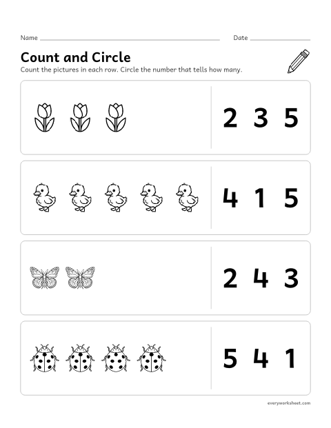 Preview of the printable “Spring count and circle 1–5” worksheet: counting groups of 1 to 5 spring pictures and finding the number