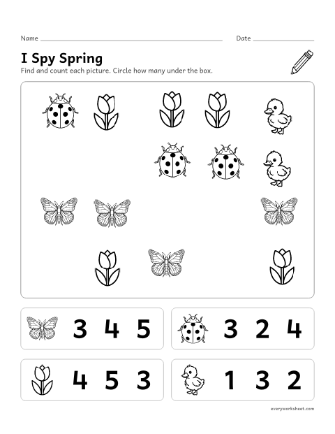 Preview of the printable “I spy spring” worksheet: finding and counting up to 5 of each spring picture