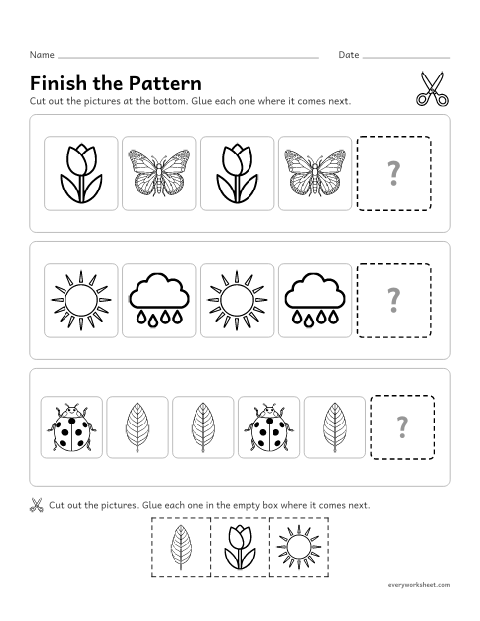 Preview of the printable “Spring patterns cut and paste” worksheet: finishing AB and ABB picture patterns