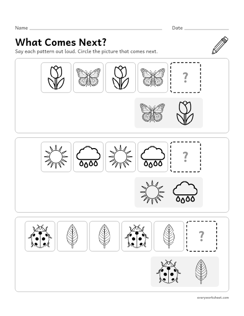 Preview of the printable “Spring Patterns: what comes Next?” worksheet: finishing AB and ABB picture patterns