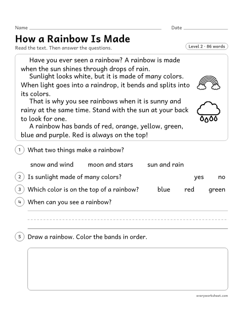 Preview of the printable “How a rainbow is made reading passage” worksheet: reading a short nonfiction text about rainbows and answering questions about key details