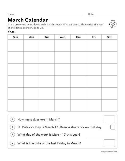 Preview of the printable “March calendar” worksheet: writing the dates 1 to 31 in order on a March calendar and reading it