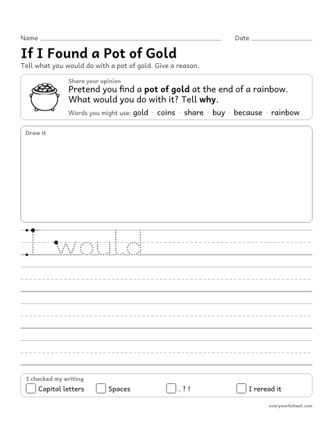 Preview of the printable “If I found a pot of gold opinion writing” worksheet: writing an opinion with a reason