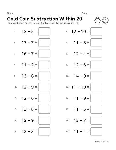 Preview of the printable “Gold coin subtraction within 20” worksheet: subtracting within 20
