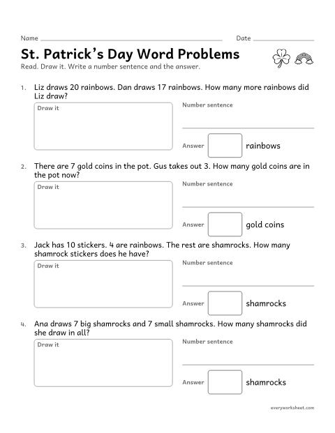 Preview of the printable “St. Patrick's day word problems” worksheet: solving St. Patrick's Day word problems within 20