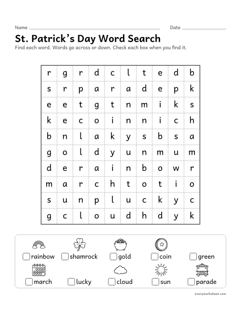 Preview of the printable “St. Patrick's day word search” worksheet: finding and reading St. Patrick's Day words by their spelling