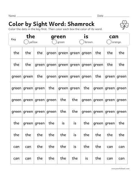 Preview of the printable “Color by sight Word: shamrock” worksheet: reading sight words to color a picture