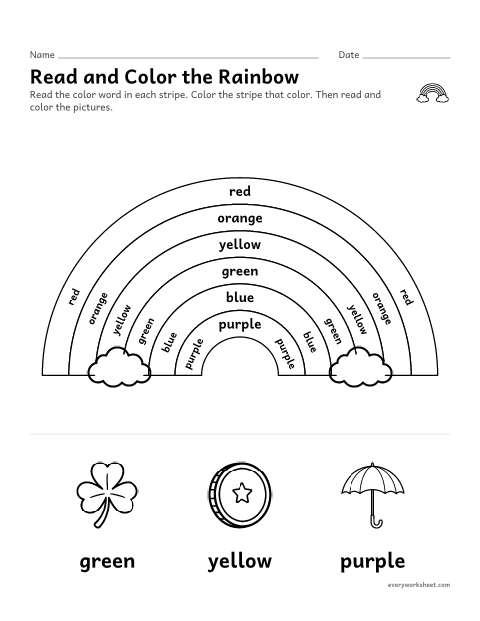 Preview of the printable “Read and color the Rainbow: color words” worksheet: reading color words to color a rainbow