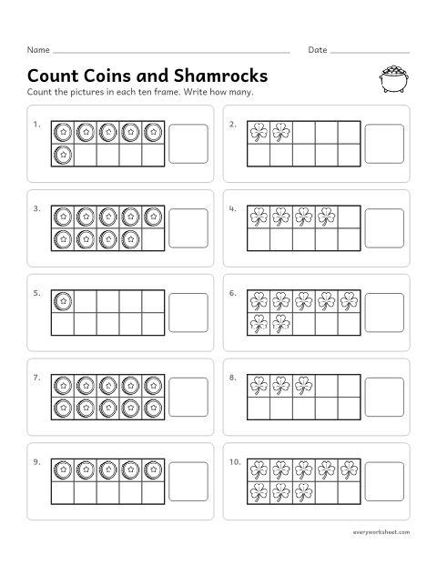 Preview of the printable “Count coins and Shamrocks: ten frames 1–10” worksheet: counting up to 10 pictures and writing the number