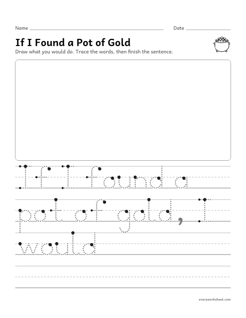 Preview of the printable “If I found a pot of gold writing prompt” worksheet: drawing and writing a short story about finding a pot of gold