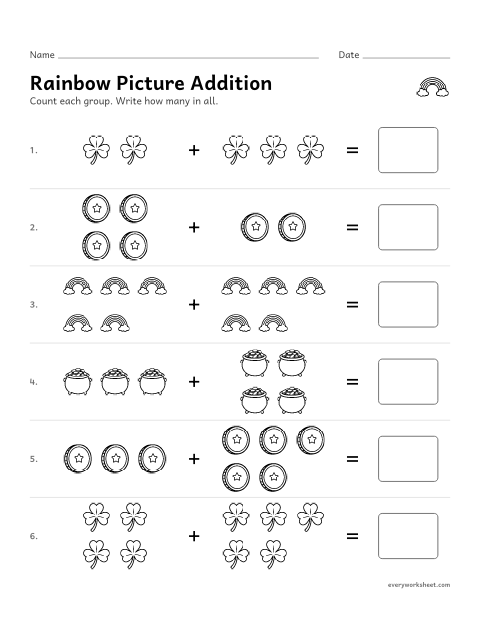 Preview of the printable “St. Patrick's day picture addition within 10” worksheet: adding two groups of pictures within 10