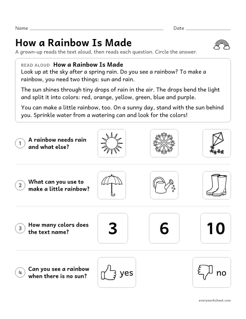Preview of the printable “Read aloud Nonfiction: how a rainbow is made” worksheet: answering questions about key details in a nonfiction read-aloud
