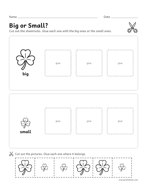 Preview of the printable “Big and small shamrocks cut and paste” worksheet: sorting shamrocks by size: big and small