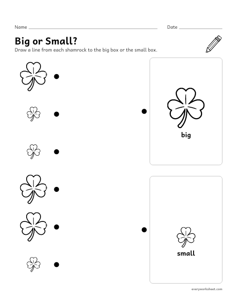 Preview of the printable “Big and small shamrocks sort” worksheet: sorting shamrocks by size: big and small