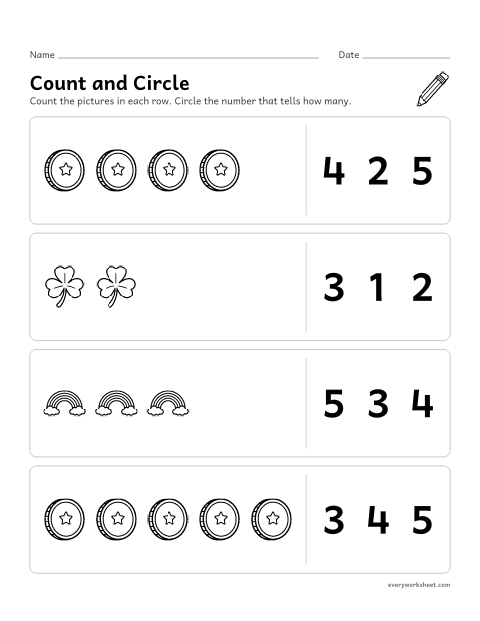 Preview of the printable “St. Patrick's day count and circle 1–5” worksheet: counting groups of 1 to 5 gold coins, shamrocks and rainbows