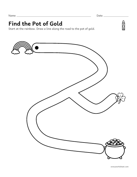 Preview of the printable “Pot of gold maze” worksheet: following a wide road with a crayon and finding the way