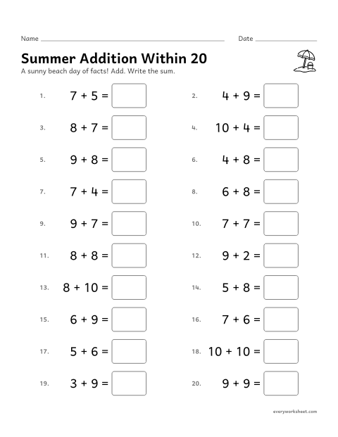 Preview of the printable “Summer addition within 20” worksheet: adding within 20 (sums 11 to 20)