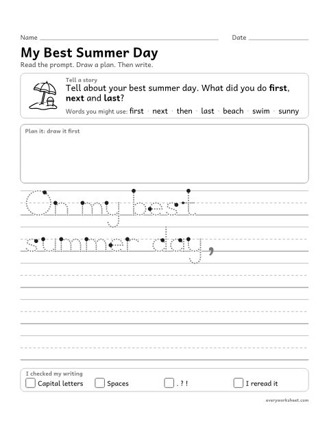 Preview of the printable “My best summer day” worksheet: writing a narrative with events in order