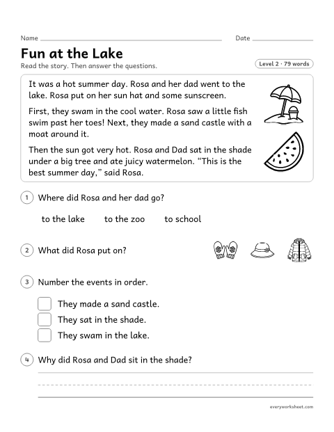Preview of the printable “Fun at the lake” worksheet: retelling a story's events in order and describing its key details
